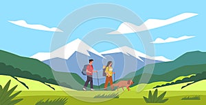 Cartoon people hike. Tourist couple and dog, summer mountains landscape, family with backpack traveling, nature trail