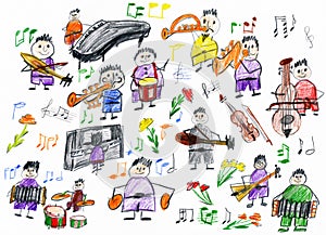 Cartoon people musician collection, orchestra object, children drawing on paper, hand drawn art picture