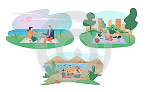 Cartoon people on picnic vector illustration, flat family characters, happy man woman couple or friends eat food set