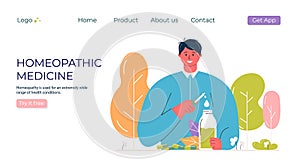 Cartoon people prepared organic natural homeopathic pills in glass jars. Homeopathy treatment banner, landing page, herbal