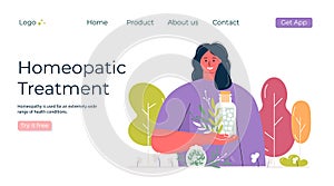 Cartoon people prepared organic natural homeopathic pills in glass jars. Homeopathy treatment banner, landing page, herbal