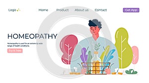 Cartoon people prepared organic natural homeopathic pills in glass jars. Homeopathy treatment banner, landing page, herbal