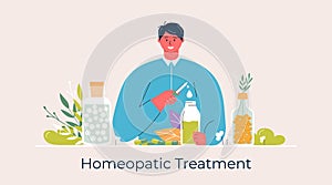 Cartoon people prepared organic natural homeopathic pills in glass jars. Homeopathy treatment banner, poster, herbal alternative