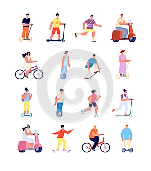 Cartoon people ride. Man on bicycle, urban lifestyle activity. Isolated person riding bike, sport travellers on electric