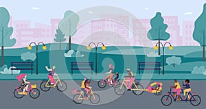 Cartoon people riding bicycle outdoors in summer city park landscape