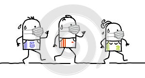 Cartoon people running and sporting with protection masks