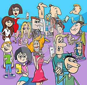 cartoon people with smart phones and electronic devices