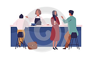 Cartoon people spend time talk at cafe on bar vector flat illustration. Colorful man and woman eat drink and communicate