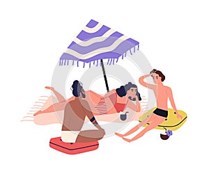 Cartoon people sunbathing on beach in bikini, beachwear. Friends rest near sea, relaxing in summer, lying under parasol
