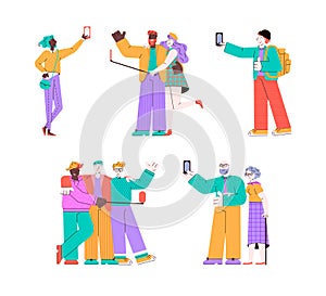 Cartoon people taking a selfie - isolated set of men in group hug, old and young couple