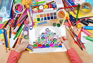 Cartoon people team collection group portrait child drawing , top view hands with pencil painting picture on paper, artwork