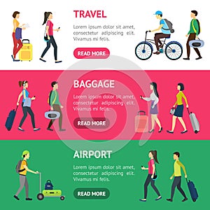 Cartoon People Traveling Banner Horizontal Set. Vector