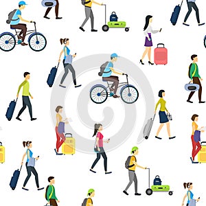 Cartoon People Traveling Seamless Pattern Background. Vector