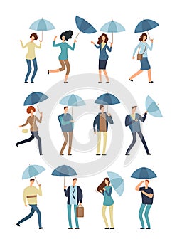 Cartoon people with umbrella in rainy day. Man and woman in raincoat under rain vector flat characters isolated