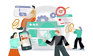 Cartoon people working as team link building development connection vector flat illustration