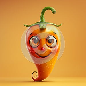 Cartoon pepper with smiley face isolated on orange background. 3d illustration.