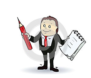 Cartoon person with blank spiral notepad and a