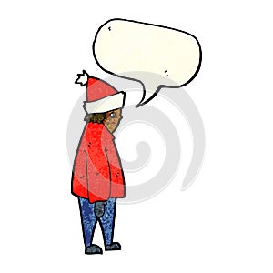 cartoon person in winter clothes with speech bubble