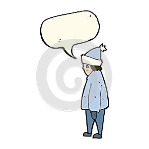 cartoon person in winter clothes with speech bubble