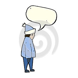 cartoon person in winter clothes with speech bubble