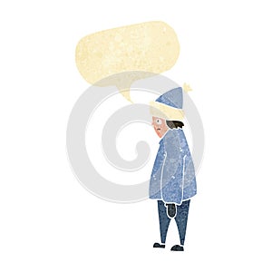 cartoon person in winter clothes with speech bubble