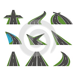 Cartoon Perspective Curved Road Icons Set. Vector