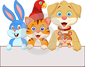 Cartoon pet animals holding blank paper