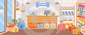 Cartoon pet store interior with counter desk and shelves. Empty animal shop indoor with accessory, toy, food. Zoo