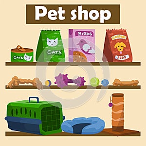 Cartoon pet toys. Veterinary shop banner. Domestic animals care merchandise. Scratching post. Canine or feline feed bags