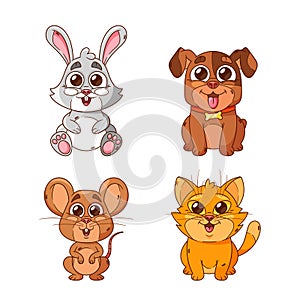 Cartoon Pets, Cat, Dog And Mouse With Bunny Cuddly Adorable Animals, Each With A Unique Charm, Bring Joy