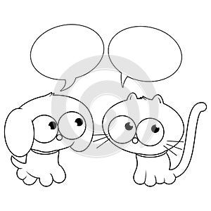 Cartoon pets, a cat and dog. Vector black and white coloring page