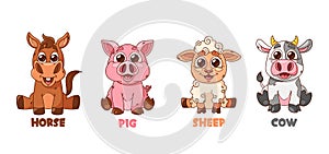 Cartoon Pets Funny Horse, Kawaii Pig, Fluffy Sheep With Cute Bunny. Adorable Farm Animals With Endearing Smiles