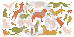 Cartoon pets silhouettes flat icons set. Abstract design of mammals. Shapes of bird, mouse, cat, fish, dogs