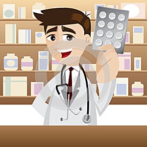 Cartoon pharmacist with pack of medicine