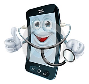 Cartoon phone character holding a stethoscope