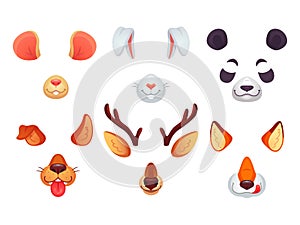 Cartoon phone masks. Funny animals ears, tongue and eyes. Brown dog bunny red fox panda bear mouse and deer mask. Animal