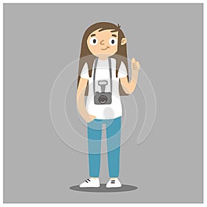 Cartoon photographer with camera hanging around the neck. Vector woman with photocamera.