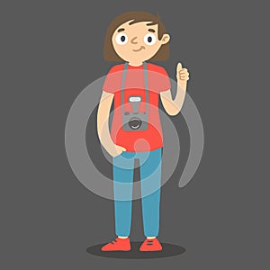 Cartoon photographer with camera and thumb up. Vector girl with photocamera.