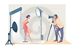 Cartoon photographers shooting model. Man taking pictures with professional camera and light equipment. Woman posing in photo