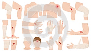 Cartoon physical injury, wound bandage application concept. Open and bandaged human body parts, treated wounds