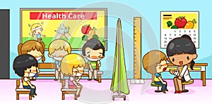 Cartoon physician doctor or pediatrician diagnoses group of kind