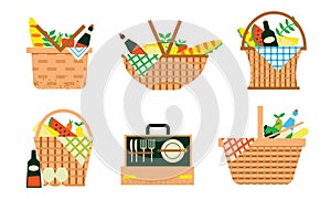 Cartoon picnic baskets. Summer family weekend wicker bags for food or drinks, blankets and sport inventory. hampers with wine