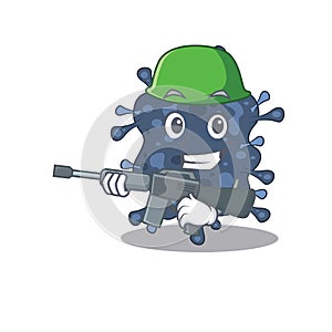 A cartoon picture of bacteria neisseria in Army style with machine gun
