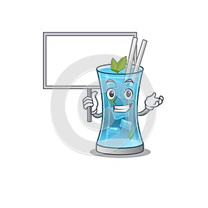 Cartoon picture of blue hawai cocktail mascot design style carries a board