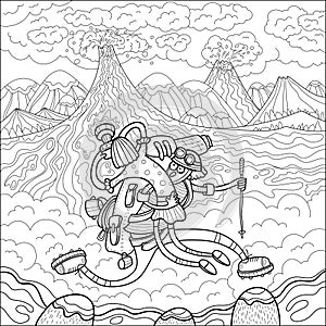 Cartoon picture for coloring, rescuer carries a girl photographer