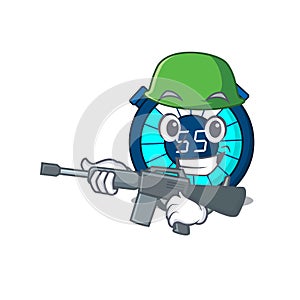 A cartoon picture of hourglass in Army style with machine gun