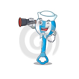 A cartoon picture of rattle toy Sailor using binocular