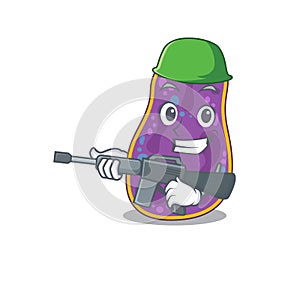 A cartoon picture of shigella sp. bacteria in Army style with machine gun