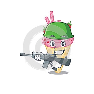 A cartoon picture of strawberry ice cream in Army style with machine gun