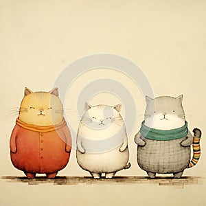 Cartoon picture of three cute cats. Cool and funny, in the style of atmospheric color washes